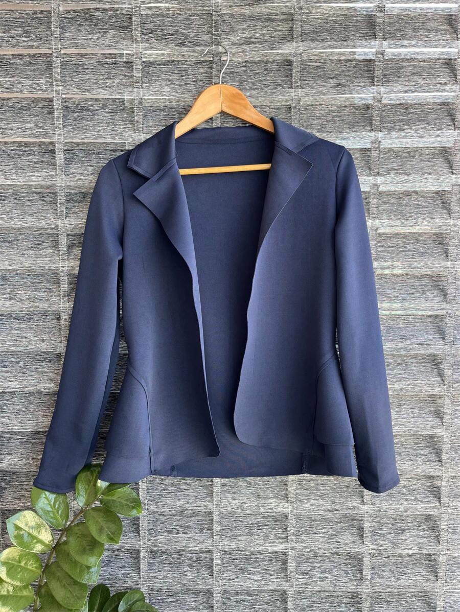 Women's Formal Blazer With Ruffle Details On The Sides, Thick Neoprene Fabric - Dusty Blue - View 1