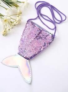 Sequined Mermaid Tail Shaped Coin Purse With Shoulder Strap, Children Mini Crossbody Bag, Double Color Sparkly Change Wallet For Girls