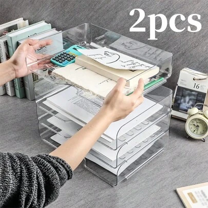 2 piezas de Bandeja apilable de papel para escritorio, Organizador de archivo de papel tamaño A4 de PET transparente, Bandeja organizadora de documentos y cartas ahorradora de espacio para oficina, organización de escritorio en casa, almacenamiento de libros y revistas, útiles escolares de regreso a la escuela