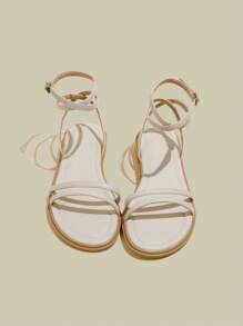 Kvinnor Aprikos Platt Kryss-Cross Öppen Toe Snörssandaler, Sommar Beach Shoes - Aprikos - Visa 2