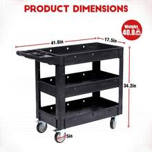 Utility Service Cart - 3 Tier Heavy Duty Plastic Toll Cart With Swivel Wheels And Brakes, 550LBS Capacity Work Cart With Ergonomic Storage Handle For Warehouse Garage Cleaning - 黑色 - 查看 3