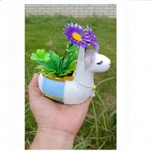 1個羊駝造型樹脂多肉盆，動物花盆植物盆帶排水孔，可愛卡通動物空氣盆栽，室內花盆用於房間裝飾（僅限盆） - 白色 - 查看 5