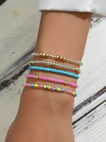 5pcs Handmade Minimalist Heart Decorated Beaded Stretch Bracelet Set For Beach Vacation Party Or Friendship Valentines