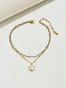 1 件奢华不锈钢镀金水钻优雅心形花朵流苏双层沙滩脚链 - 金色 - 查看 5