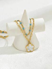 1 件奢华不锈钢镀金水钻优雅心形花朵流苏双层沙滩脚链 - 金色 - 查看 6