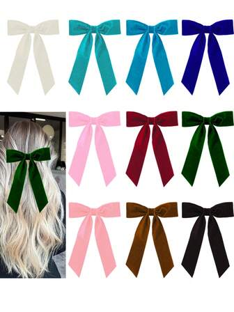 10入組天鵝絨髮箍，粉白色髮帶馬尾繫帶配飾，胶夾金屬夾，適用於女士女孩