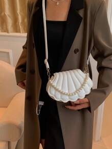 HELLO WEEKEND 1pc Faux-Leather Portable Handbag With Pearl Chain Straps And Flap Closure, Suitable For Women Daily Use
