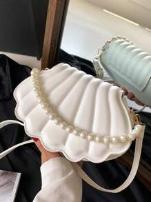 HELLO WEEKEND 1pc Faux-Leather Portable Handbag With Pearl Chain Straps And Flap Closure, Suitable For Women Daily Use