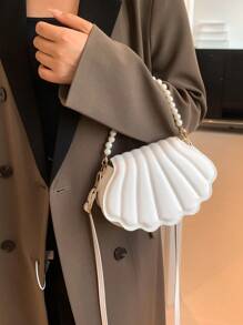 HELLO WEEKEND 1pc Faux-Leather Portable Handbag With Pearl Chain Straps And Flap Closure, Suitable For Women Daily Use