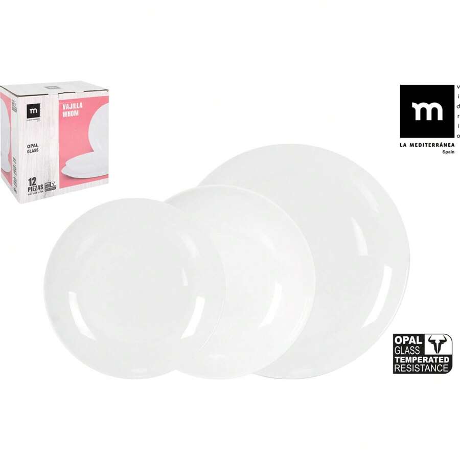 Tableware 12 Round Pieces Opal Whom Collection Includes 4 Dinner Plates (26 Cm), 4 Deep Plates (21 Cm) And 4 Dessert Plates (20 Cm) | Tableware With Mediterranean And Versatile Design, Ideal For Special Occasions - Multicolor - View 1