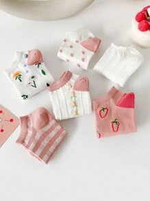 10pairs/Pack Random Cute Cartoon Animal & Strawberry Patterned Women Short Socks, Comfortable And Breathable