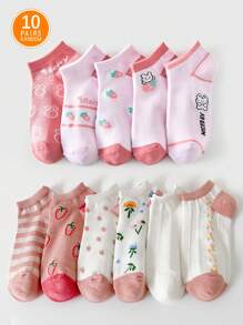 10pairs/Pack Random Cute Cartoon Animal & Strawberry Patterned Women Short Socks, Comfortable And Breathable