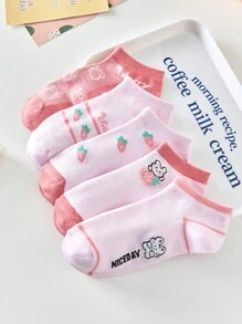 10pairs/Pack Random Cute Cartoon Animal & Strawberry Patterned Women Short Socks, Comfortable And Breathable