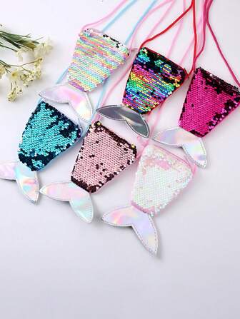 掛肩繡花人魚尾造型錢包，兒童向迷你斜挎包，雙色閃爍小女生零錢包