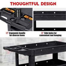 Utility Service Cart - 3 Tier Heavy Duty Plastic Toll Cart With Swivel Wheels And Brakes, 550LBS Capacity Work Cart With Ergonomic Storage Handle For Warehouse Garage Cleaning - 黑色 - 查看 4