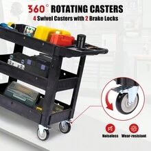 Utility Service Cart - 3 Tier Heavy Duty Plastic Toll Cart With Swivel Wheels And Brakes, 550LBS Capacity Work Cart With Ergonomic Storage Handle For Warehouse Garage Cleaning - 黑色 - 查看 5