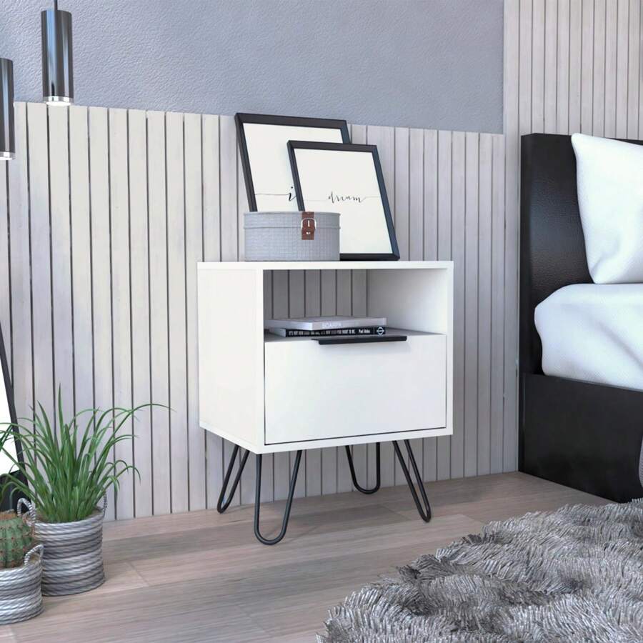 Augusta Nightstand, Single Door Cabinet, Hairpin Legs