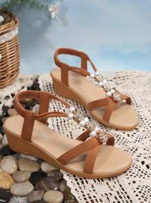 Giày cao gót đế xuồng đính ngọc trai và hoa hồng Bohemian dành cho nữ, thời trang mùa hè - màu nâu - Xem 3