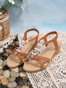 Giày cao gót đế xuồng đính ngọc trai và hoa hồng Bohemian dành cho nữ, thời trang mùa hè - màu nâu - Xem 4