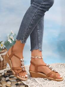 Giày cao gót đế xuồng đính ngọc trai và hoa hồng Bohemian dành cho nữ, thời trang mùa hè - màu nâu - Xem 8