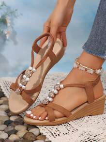 Giày cao gót đế xuồng đính ngọc trai và hoa hồng Bohemian dành cho nữ, thời trang mùa hè - màu nâu - Xem 2