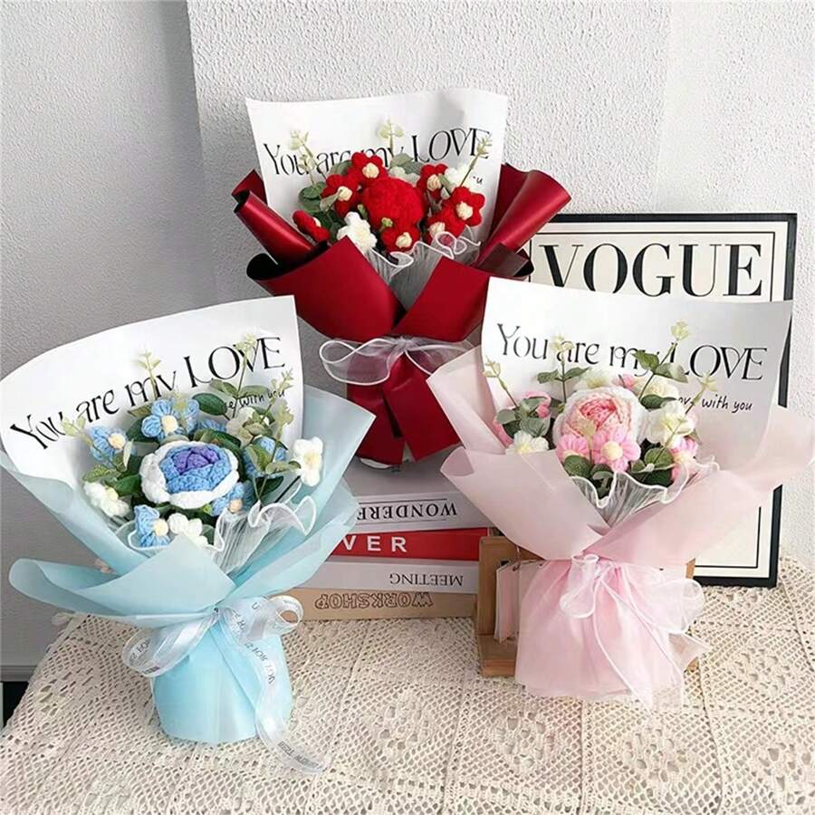 1 件手工针织纱线牡丹花束，情人节、母亲节、毕业典礼、生日的现成礼物 - 多色 - 查看 1