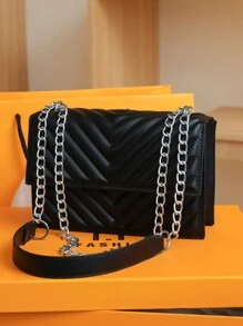 時尚高端鏈帶翻蓋包，女性用鑽石拼接設計 - 黑色 - 查看 7