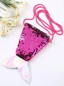 Sequined Mermaid Tail Shaped Coin Purse With Shoulder Strap, Children Mini Crossbody Bag, Double Color Sparkly Change Wallet For Girls