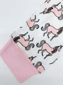 2pcs Young Girl Round Neck Unicorn Cartoon Printed Long Sleeve Top And Pants Homewear Set Pajama Set, Four Seasons