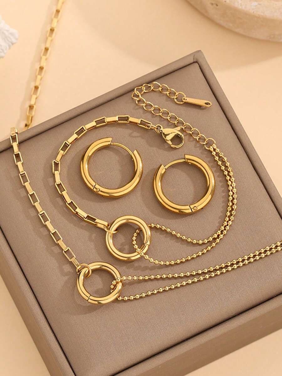 1 bộ/4 Bộ vòng cổ bằng thép không gỉ hình tròn phong cách Châu Âu và Mỹ, Thiết kế tối giản bất đối xứng cho phụ nữ, Bộ dây chuyền và vòng tay xương đòn - Vòng đeo tay - Xem 1