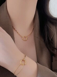 1 bộ/4 Bộ vòng cổ bằng thép không gỉ hình tròn phong cách Châu Âu và Mỹ, Thiết kế tối giản bất đối xứng cho phụ nữ, Bộ dây chuyền và vòng tay xương đòn - Vòng đeo tay - Xem 2