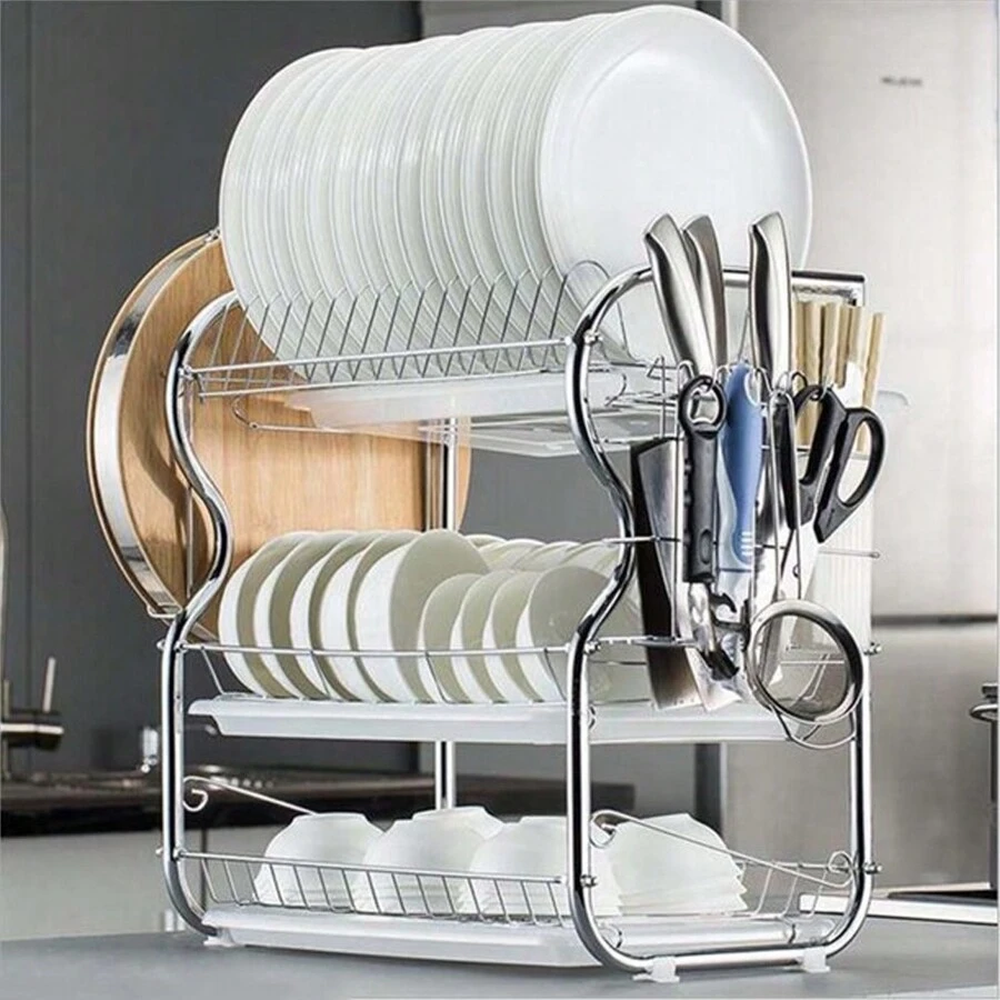 LIVINGANDHOME Living And Home Large Capacity 3 Layers Kitchen Dish Drainer Rack With Plate Drainer,Cutlery Holder,Drip Tray,Stainless Steel Dish Drying Rack Shelf For Kitchen Washing Countertop Storage,Kitchen Storage Shelf Organizer - Silver - View 1
