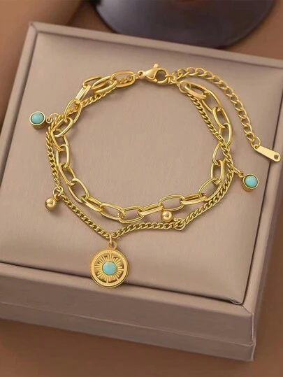1入款波西米亞風圓形標籤藍松石不銹鋼女士雙層手鍊，適合日常佩戴