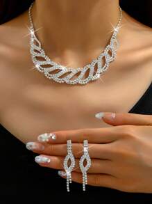 Conjunto de joyas plateadas de boda de moda europea y americana de 3 piezas con piedras de estrás para novias, incluye collar y pendientes - Multicolor - Ver 5