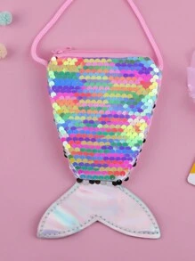 Sequined Mermaid Tail Shaped Coin Purse With Shoulder Strap, Children Mini Crossbody Bag, Double Color Sparkly Change Wallet For Girls