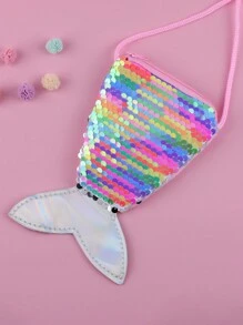 Sequined Mermaid Tail Shaped Coin Purse With Shoulder Strap, Children Mini Crossbody Bag, Double Color Sparkly Change Wallet For Girls