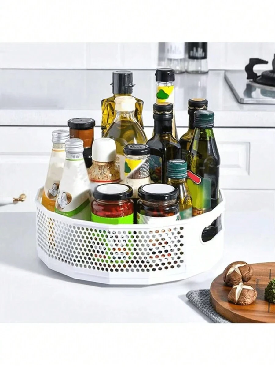 1pc Rotating Storage Box For Kitchen Oil Bottles And Soy Sauce, Drain Rack, Tabletop Desk Organizer,Kitchen Storage & Organization,Organizer,Organiser,Decor,Decorations - White - View 1