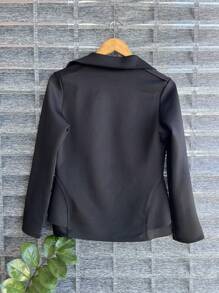 Women's Formal Blazer With Ruffle Details On The Sides, Thick Neoprene Fabric - Black - View 2