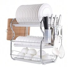 LIVINGANDHOME Living And Home Large Capacity 3 Layers Kitchen Dish Drainer Rack With Plate Drainer,Cutlery Holder,Drip Tray,Stainless Steel Dish Drying Rack Shelf For Kitchen Washing Countertop Storage,Kitchen Storage Shelf Organizer - Silver - View 6