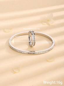 2 Pièces / Set Fascinant Bracelet Et Bague En Zircone Cubique Carré En Acier Inoxydable Pour Femmes, Accessoire Quotidien, Style Étoile - Argent - Voir 5