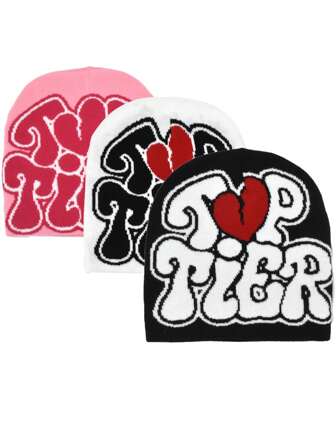 3pcs TOP TIER Y2K Collection Heart Letter Design Unisex Streetwear Skullies, Yoga, Couples Knitted Hats For Daily Wear, Outdoor Activities And As Gifts