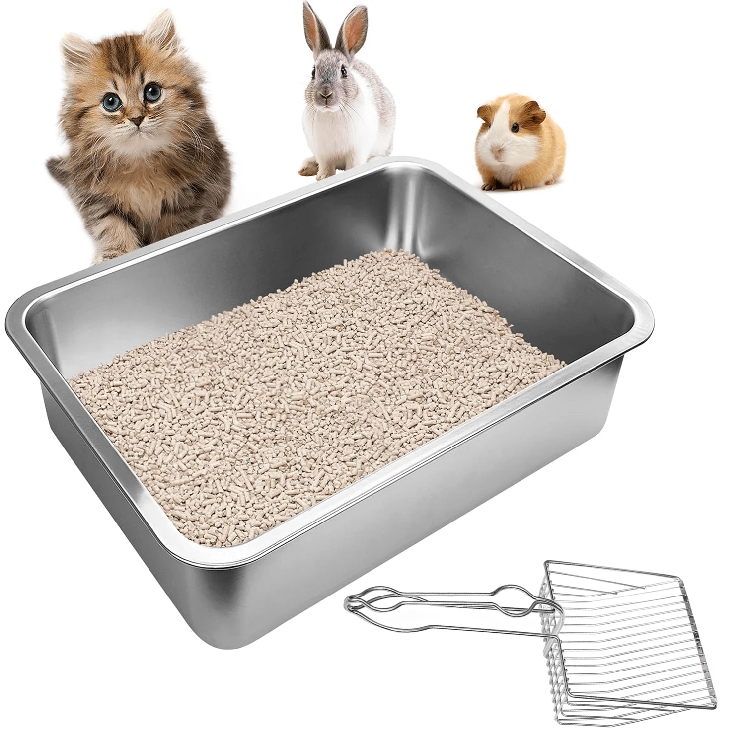 Edelstahl Katzentoilette XL – 60x39x34 Cm, Mit Hohem Rand, Leicht Zu Reinigen, Inkl. Schaufel & Matte