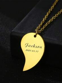 1 para spersonalizowany naszyjnik dla par damski spersonalizowany w kształcie serca rzeźbiony naszyjnik z imieniem biżuteria ze stali nierdzewnej na prezent - Złoto - Zobacz 2