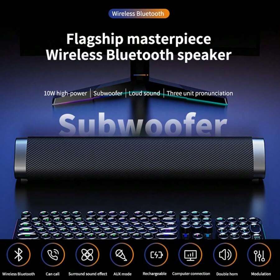 New 2024 無線藍牙揚聲器，桌上型電腦長條揚聲器，高功率重低音布網超長電池壽命，大音量充電，藍牙連接，讀卡器，USB閃存盤，多功能家用車用計算機桌面揚聲器 - 藍色 - 查看 1