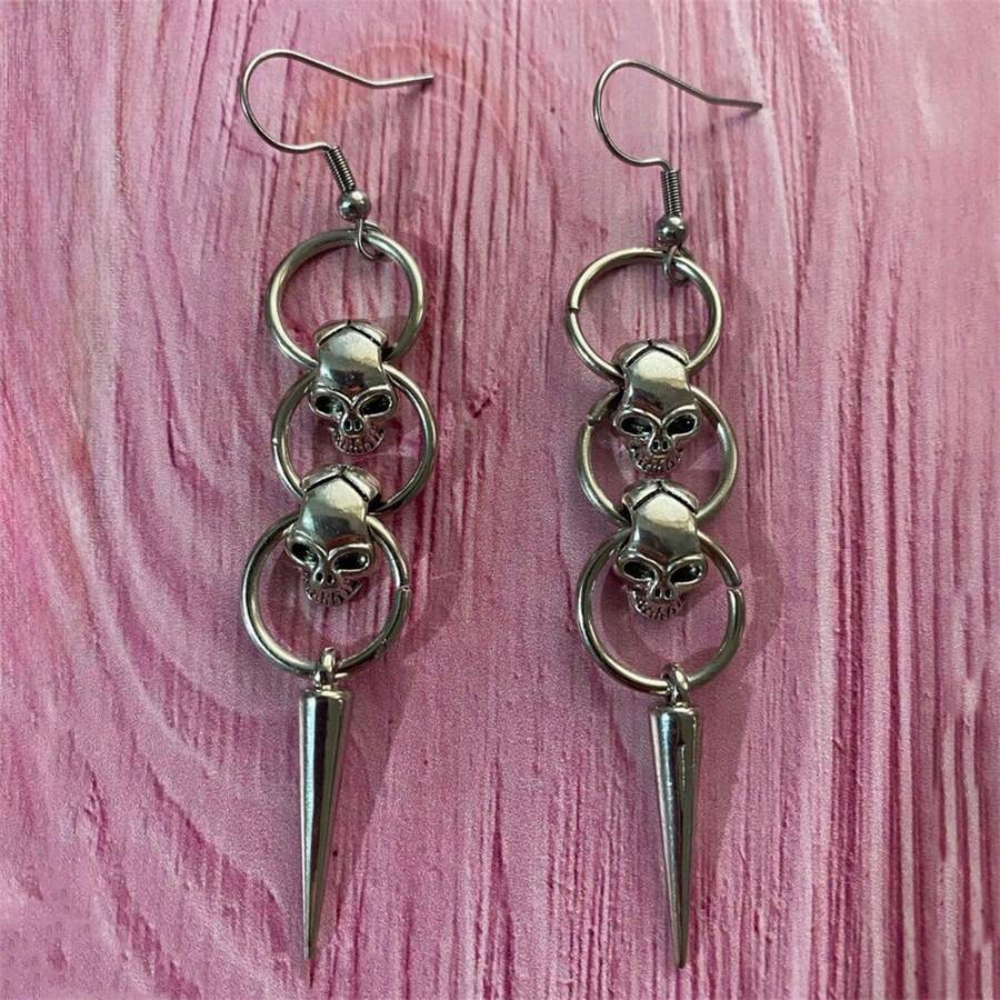 1 đôi bông tai mặt dây chuyền hình đầu lâu hình học đơn giản sáng tạo cổ điển, quà tặng trang sức dự tiệc cá nhân cho phụ nữ - Bạc - Xem 1