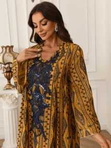 Muslim Beaded Embroidery Mesh Floral V-Neck Long Robe - Yellow - View 5