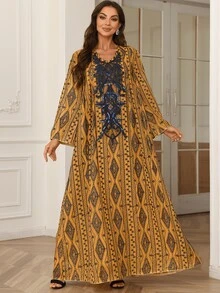 Muslim Beaded Embroidery Mesh Floral V-Neck Long Robe - Yellow - View 4