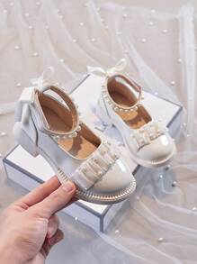 Mädchen Prinzessinnen Schuhe, 4 Jahreszeiten Britischer Stil Lederschuhe, Weiche Sohle Rutschfeste Mary Jane Schuhe mit Schleife & Perlen Dekor, Mädchen Riemen Design PU Ballerinas