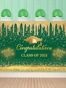 قطعة واحدة من قماش خلفية زفاف التخرج ، خلفية خضراء بعناصر ذهبية لحفلات التخرج، تزيين جدران الفصول الدراسية بمناسبة الأعياد - قماش خلفية لموسم التخرج 007 - مشاهدة 2