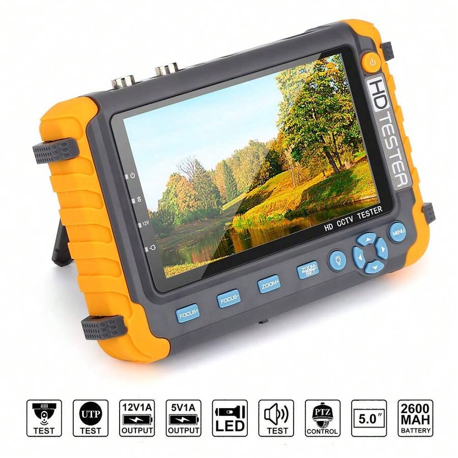 Máy kiểm tra kỹ thuật tương tự 5 inch Máy kiểm tra CCTV phù hợp để mô phỏng camera độ nét cao Kiểm tra AHD/CVI/TVI CVBS, với đầu vào VGA Kiểm tra cáp mạng UTP Máy kiểm tra camera